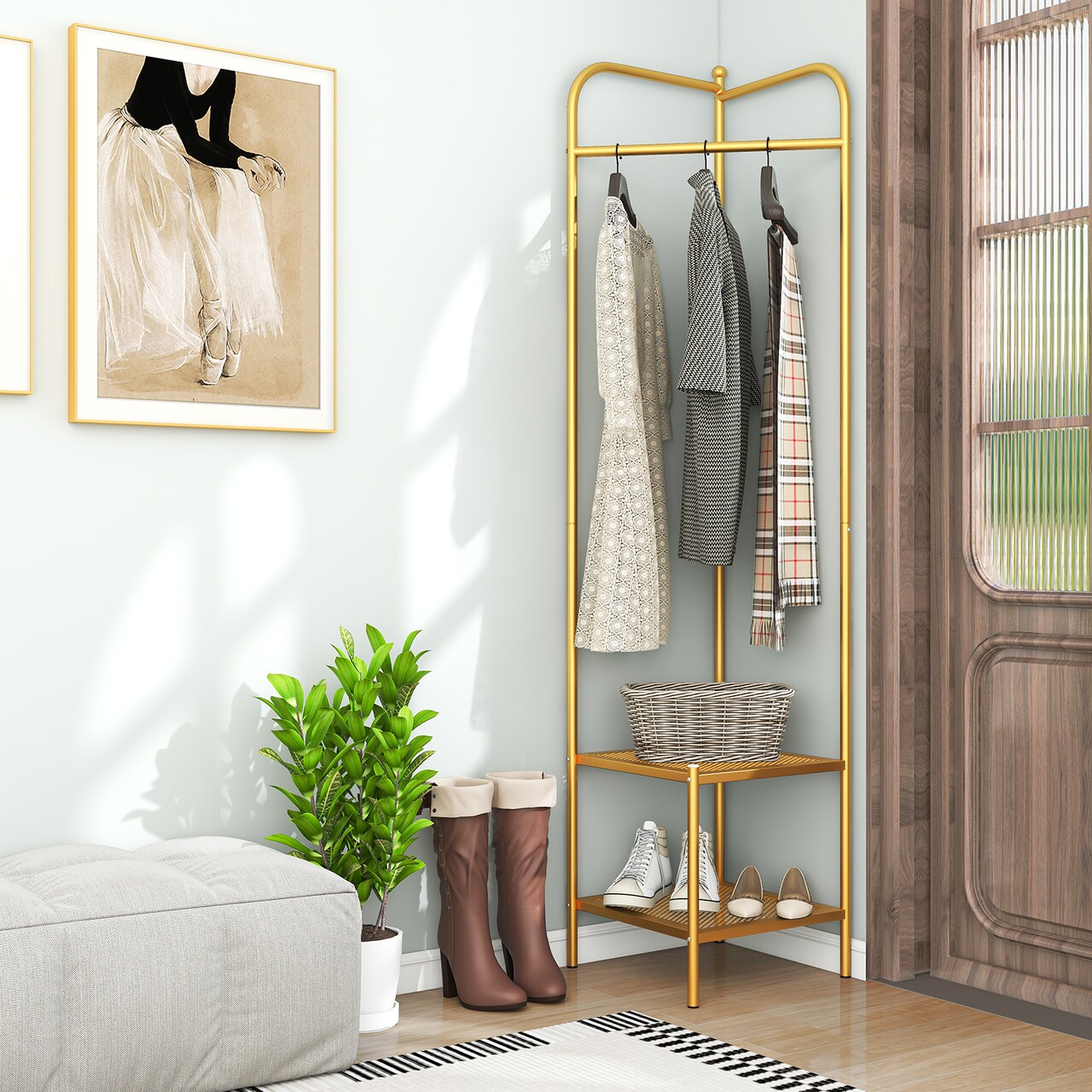 Corner Coat Rack with Top Hanger and 2 Mesh Shelves for Entryway